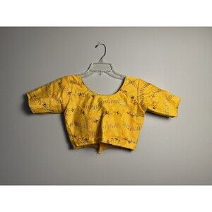 Yellow Saree Blouse with Round Neck, Floral Print, and Round Back Drop Design
